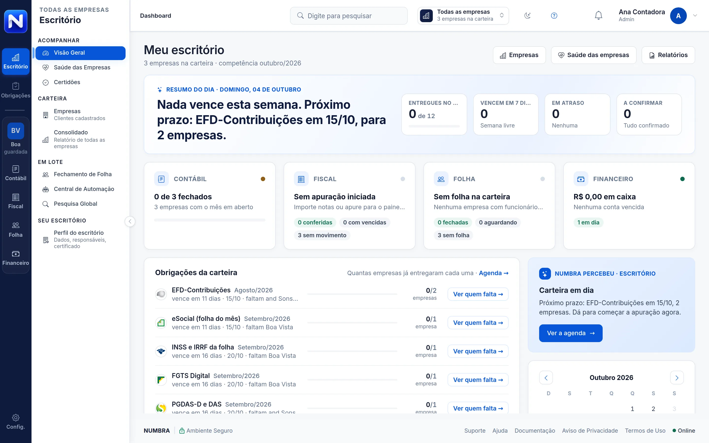 Tela Meu escritório do Numbra com a situação de cada módulo e as obrigações da carteira